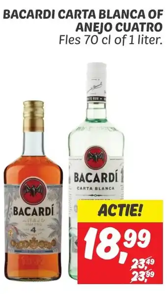 Dekamarkt BACARDI CARTA BLANCA OF ANEJO CUATRO Fles 70 cl of 1 liter. aanbieding