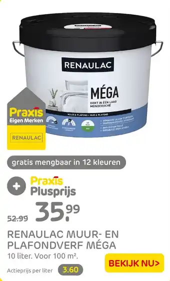 Praxis RENAULAC MUUR- EN PLAFONDVERF MÉGA 10 liter. Voor 100 m². aanbieding