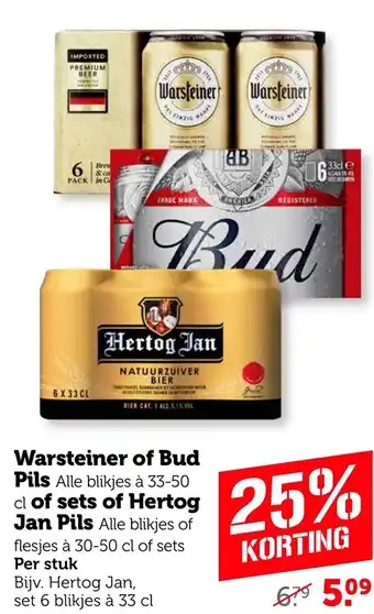 Coop Warsteiner of Bud Pils of sets of Hertog Jan Pils aanbieding