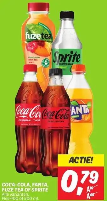 Dekamarkt COCA-COLA, FANTA, FUZE TEA OF SPRITE  Fles 400 of 500 ml. aanbieding