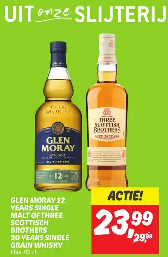 Dekamarkt GLEN MORAY 12 YEARS SINGLE MALT OF THREE SCOTTISCH BROTHERS 20 YEARS SINGLE GRAIN WHISKY Fles 70 cl. aanbieding