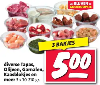 Nettorama Diverse tapas olijven garnalen kaasblokjes en meer 3 x 70 210 gr aanbieding