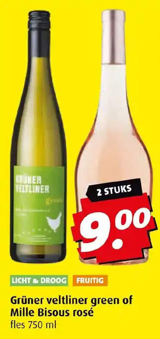 Boni Grüner Veltliner green of Mille Bisous rosé fles 750 ml aanbieding