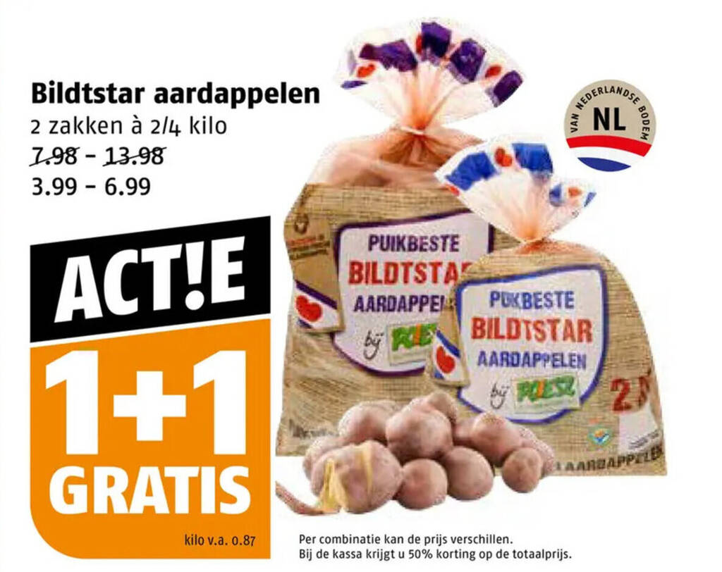 Bildtstar aardappelen 2/4 kilo 1+1 GRATIS aanbieding bij Poiesz