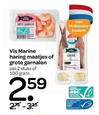 Spar Vis marine haring maatjes of grote garnalen 100g aanbieding