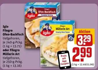 Rewe DE Iglo Filegro Ofen-Backfisch 240g oder Filegro Müllerin Art 250g aanbieding