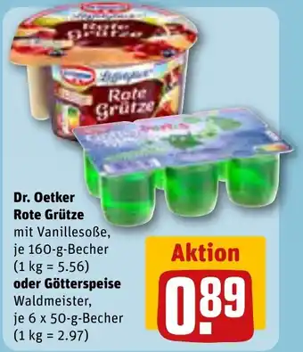 Rewe DE Dr. Oetker Rote Grütze 160g oder Götterspeise Waldmeister, je 6 x 50 g aanbieding