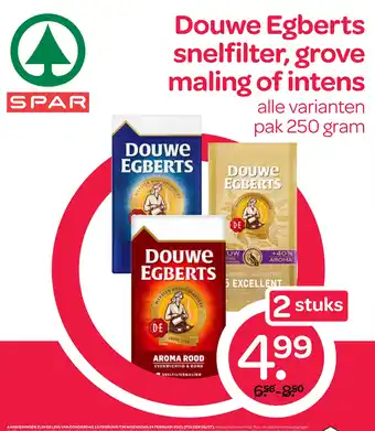 Spar Douwe Egberts snelfilter, grove maling of intens 250 gram aanbieding