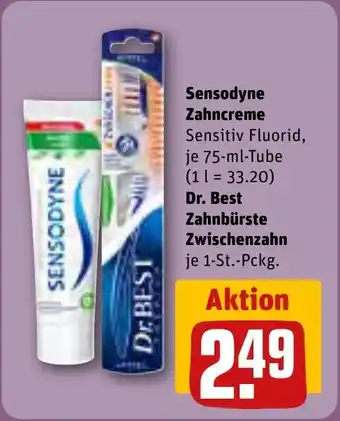 Rewe DE Sensodyne Zahncreme Sensitiv Fluorid, 75ml oder Dr. Best Zahnbürste Zwischenzahn aanbieding