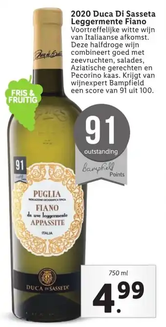 Lidl 2020 Duca Di Sasseta Leggermente Fiano 750ml aanbieding