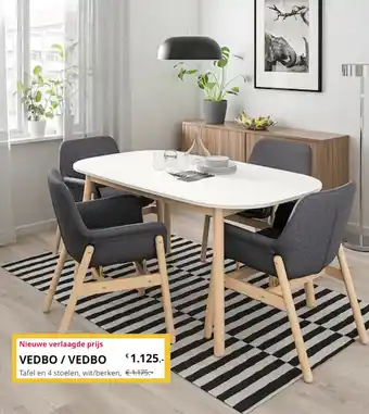 IKEA Vedbo / Vedbo Tafel en 4 stoelen, wit/berken aanbieding