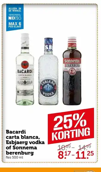 CoopCompact Bacardi Carta Blanca, Esbjaerg Vodka of Sonnema Berenburg 500 ml aanbieding