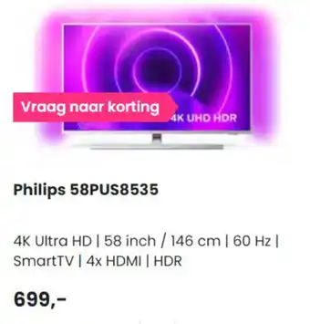 PlatteTV Philips 4K UHD HDR TV | 58PUS8535 aanbieding