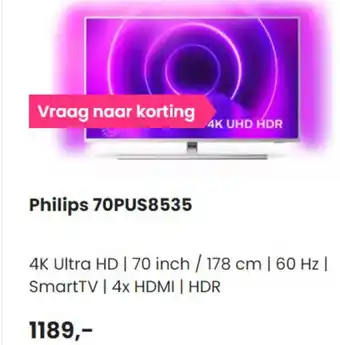 PlatteTV Philips 4K UHD HDR TV | 70PUS8535 aanbieding