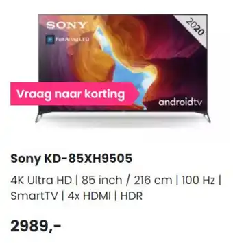 PlatteTV SONY 4K Full Array LED | KD-85XH9505 aanbieding