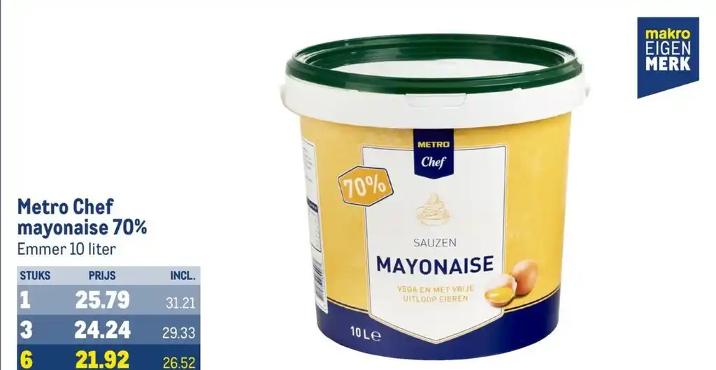 Metro Chef mayonaise 70 emmer 10 liter aanbieding bij Makro