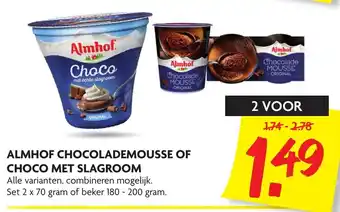 Dekamarkt Almhof Chocolademousse of choco met slagroom 2st aanbieding