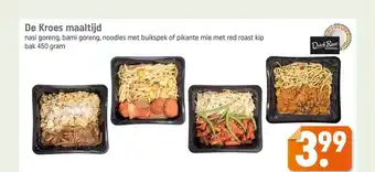 Lekker Makkelijk De kroes maaltijd nasi goreng, bami goreng, noodles met buikspek of pikante mie met red roast kip aanbieding