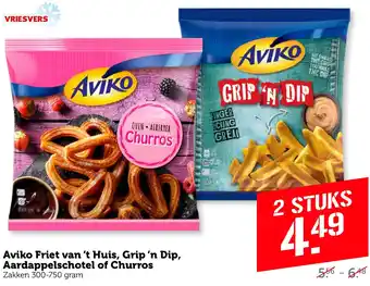 Coop Aviko Friet van 't Huis, Grip 'n Dip, Aardappelschotel of Churros 300-750g aanbieding