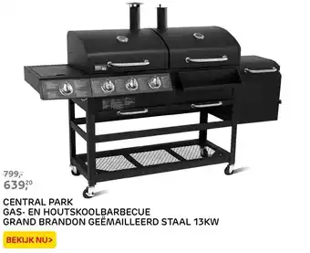 Praxis CENTRAL PARK GAS- EN HOUTSKOOLBARBECUE GRAND BRANDON GEËMAILLEERD STAAL 13KW aanbieding