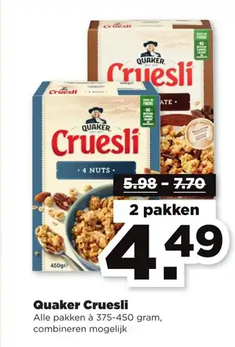 PLUS Quaker cruesli 375-450g aanbieding