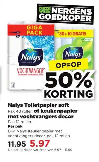 PLUS Nalys toiletpapier soft of keukenpapier met vochtvangers decor aanbieding