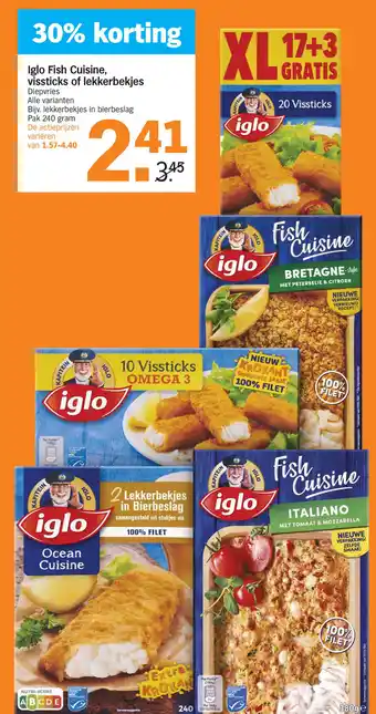 Albert Heijn Iglo Fish Cuisine, vissticks of lekkerbekjes 240gram aanbieding