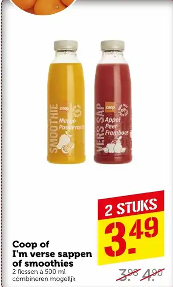 Coop I'm verse sappen of smoothies 500ml aanbieding