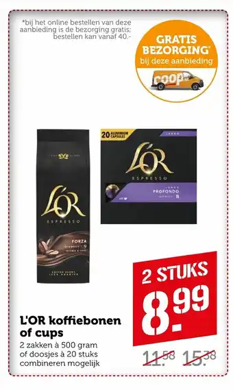 Coop L'OR Koffiebonen of cups 2 stuks aanbieding