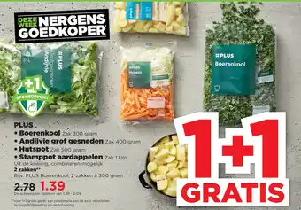 PLUS Boerenkool of andijvie grof gesneden of hutspot of stamppot aardappelen aanbieding