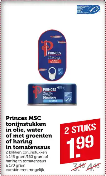 Coop Princes MSC tonijnstukken in olie, water of met groenten of haring in tomatensaus aanbieding