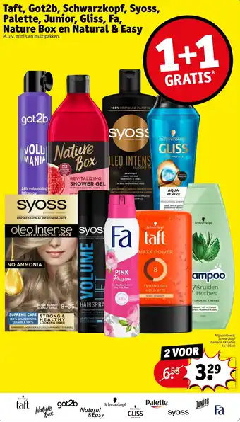 Kruidvat Taft, Got2b, Schwarzkopf, Syoss, Palette, Junior, Gliss, Fa, Nature Box en Natural & Easy aanbieding