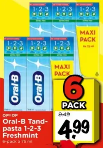 Vomar Voordeelmarkt Oral-B Tandpasta 1-2-3 Freshmint 6-pack à 75 ml aanbieding