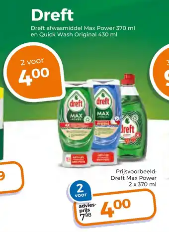 Trekpleister Dreft afwasmiddel Max Power 370 ml en Quick Wash Original 430 ml aanbieding