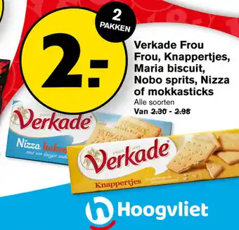 Hoogvliet Verkade Frou Frou, Knappertjes, Maria Biscuit, Nobo Sprits, Nizza of Mokkasticks aanbieding