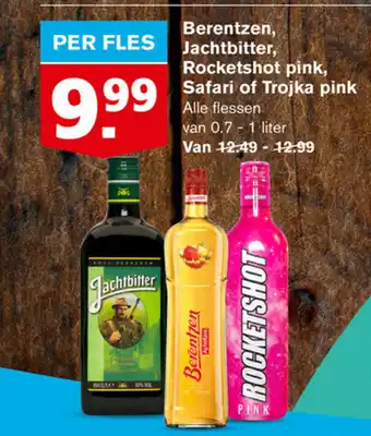 Hoogvliet Berentzen, Jachtbitter, Rocketshot Pink, Safari of Trojka Pink per Fles aanbieding