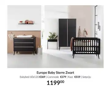 Babypark Europe baby sterre zwart : babybed 60x120, commode en kast aanbieding