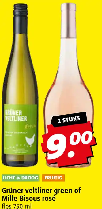 Boni Grüner Veltliner green of Mille Bisous rosé fles 750 ml aanbieding