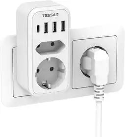 Amazon TESSAN Dubbele Stekker, USB C Meerdere Stopcontact, Socket Adapter met 2 Slaapkamers en 4 USB Stekker, Meerdere Stopcontact e aanbieding