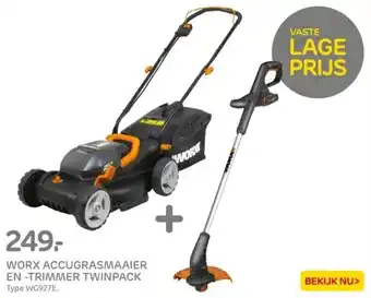 Praxis WORX ACCUGRASMAAIER EN -TRIMMER TWINPACK Type WG927E. aanbieding