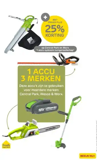 Praxis op Central Park en Worx 1-accu-systeem tuingereedschap aanbieding