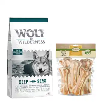 Zooplus 12 kg Wolf of Wilderness Droogvoer + 750 g Lukullus Kauwbotten gratis! - Deep Seas - Haring + Kip Kauwbotten 15cm aanbieding