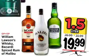 Vomar Voordeelmarkt William Llawson's whisky, bacardi spiced rum of malibu 1,5liter aanbieding