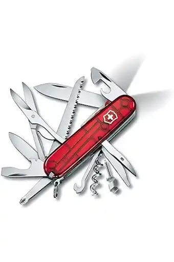 Amazon Victorinox Taschenmesser Huntsman Lite (21 Funktionen, Klinge, Schere, Holzsäge, Mehrzweckhaken, LED) rot transparent aanbieding