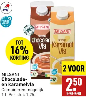 ALDI MILSANI Chocolade en karamel vla 1L aanbieding