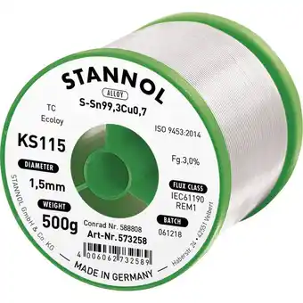 Conrad Stannol KS115 Soldeertin, loodvrij Spoel Sn99,3Cu0,7 ROM1 500 g 1.5 mm aanbieding