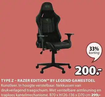 Jysk TYPE Z - RAZER EDITION BY LEGEND GAMESTOEL  B70 x H126-136 x D70 cm aanbieding