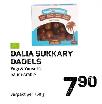 Ekoplaza Yogi & yousef's dalia sukkary dadels 750 gram aanbieding