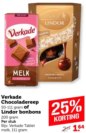 Coop Verkade Chocoladereep of Lindor bonbons aanbieding