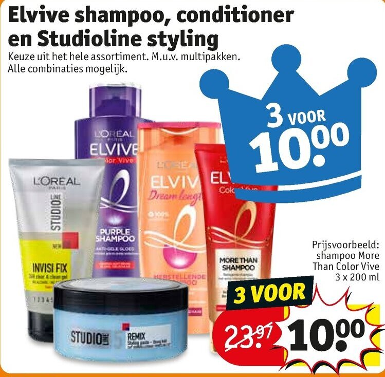 Elvive shampoo, conditioner en Studioline styling aanbieding bij Kruidvat